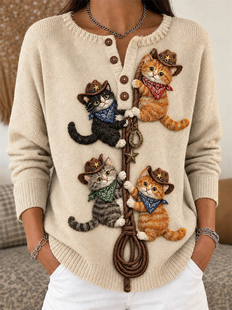 Women's Beige Cat Cowboy Art Print Round Neck Long Sleeve Sweater