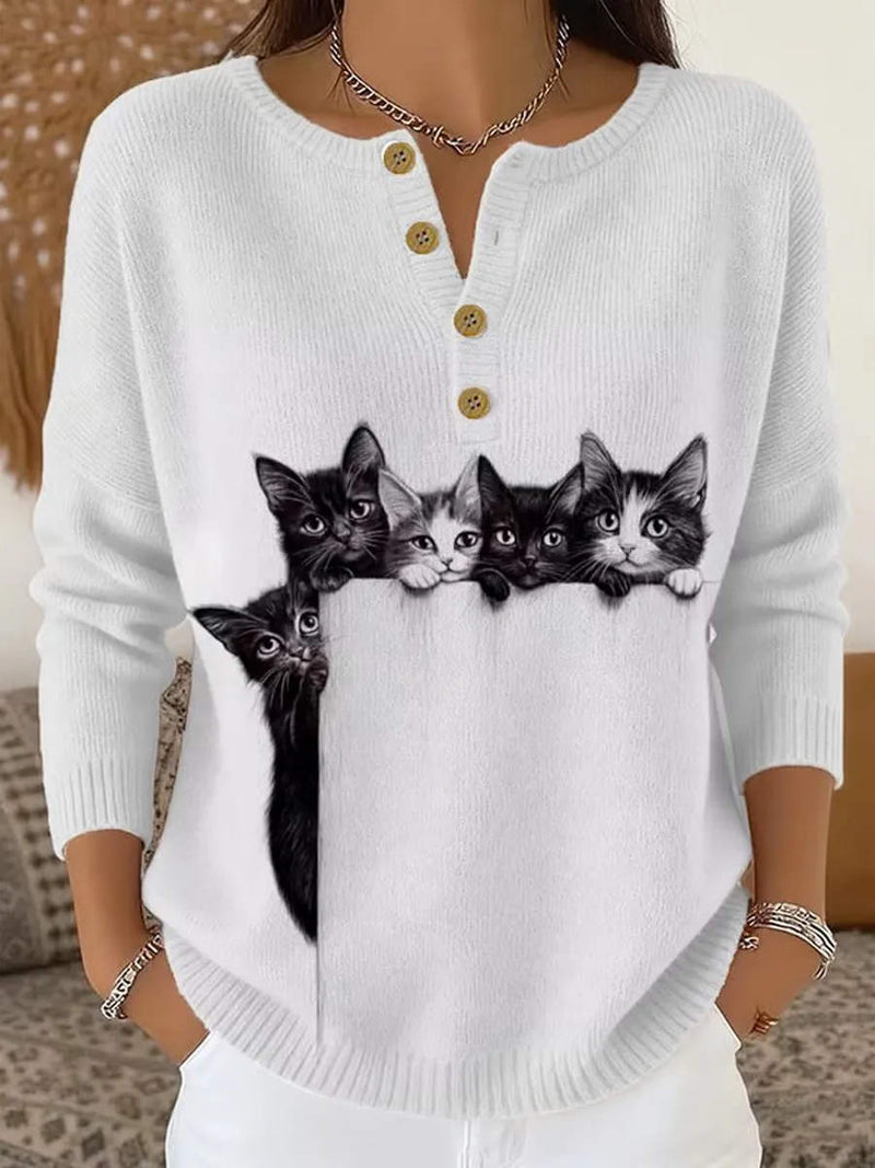 Women's White Cat Print Round Neck Long Sleeve Sweater