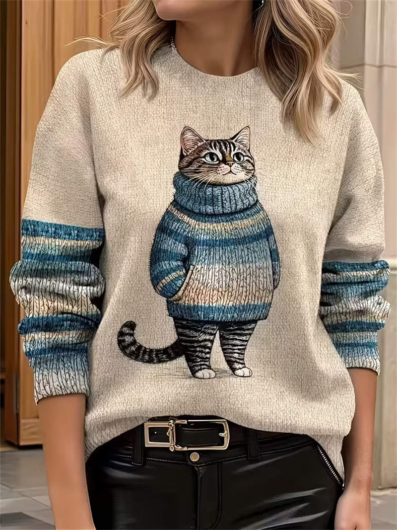 Women's Beige Cat Print Round Neck Long Sleeve Sweater