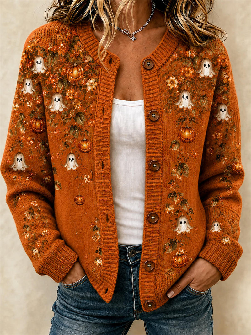 Women's Halloween Orange Ghost Pumpkin Floral Print Round Neck Long Sleeve Cardigan
