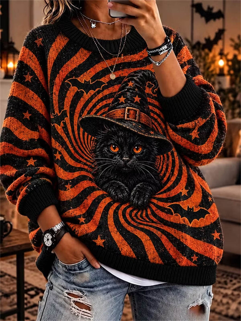 Women's Halloween Multi Cat Witch Hat Swirl Print Round Neck Long Sleeve Sweater