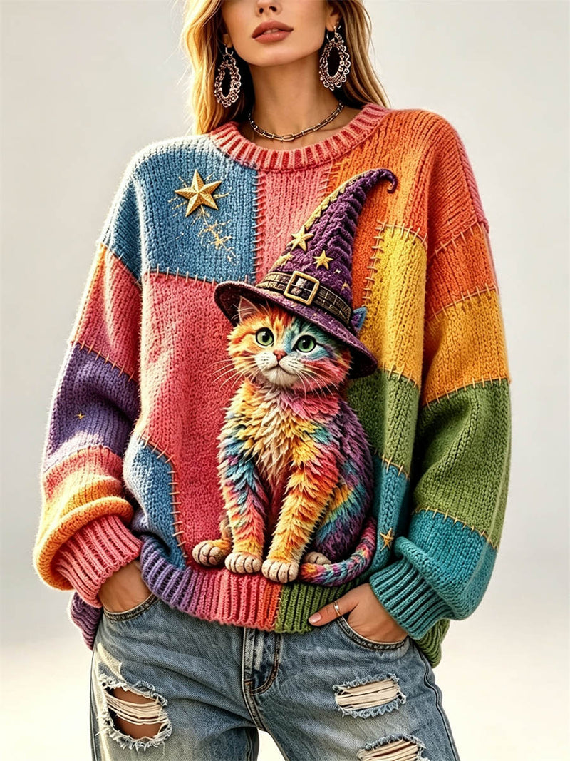 Women's Halloween Multi Cat Witch Hat Colorblock Print Round Neck Long Sleeve Sweater
