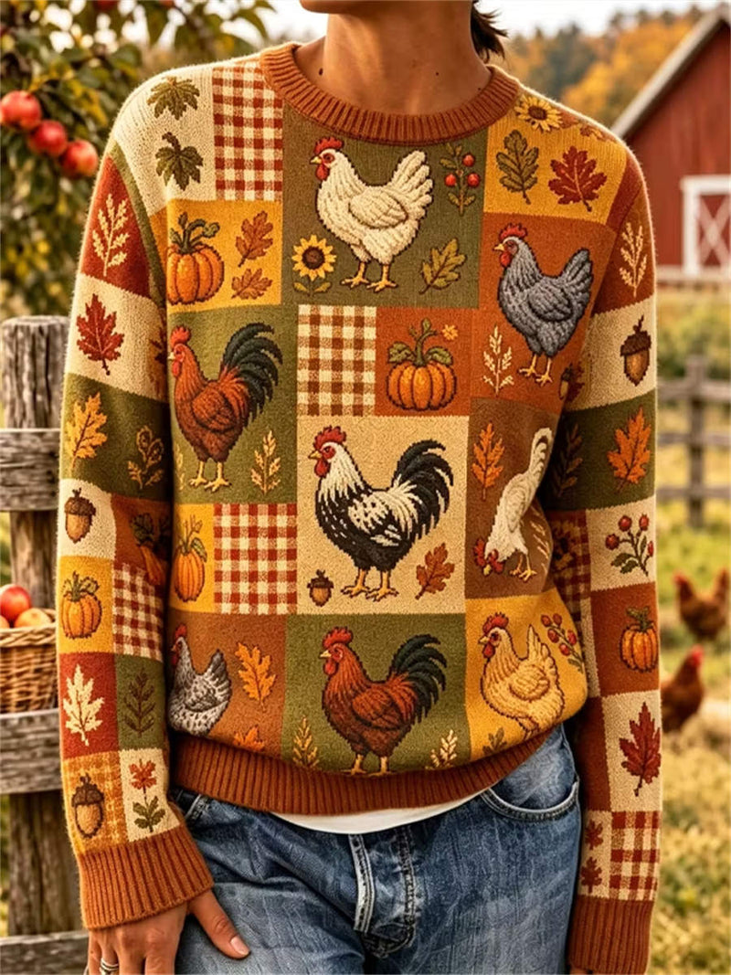 Women's Thanksgiving Multi Rooster Pumpkin Plaid Print Round Neck Long Sleeve Sweater