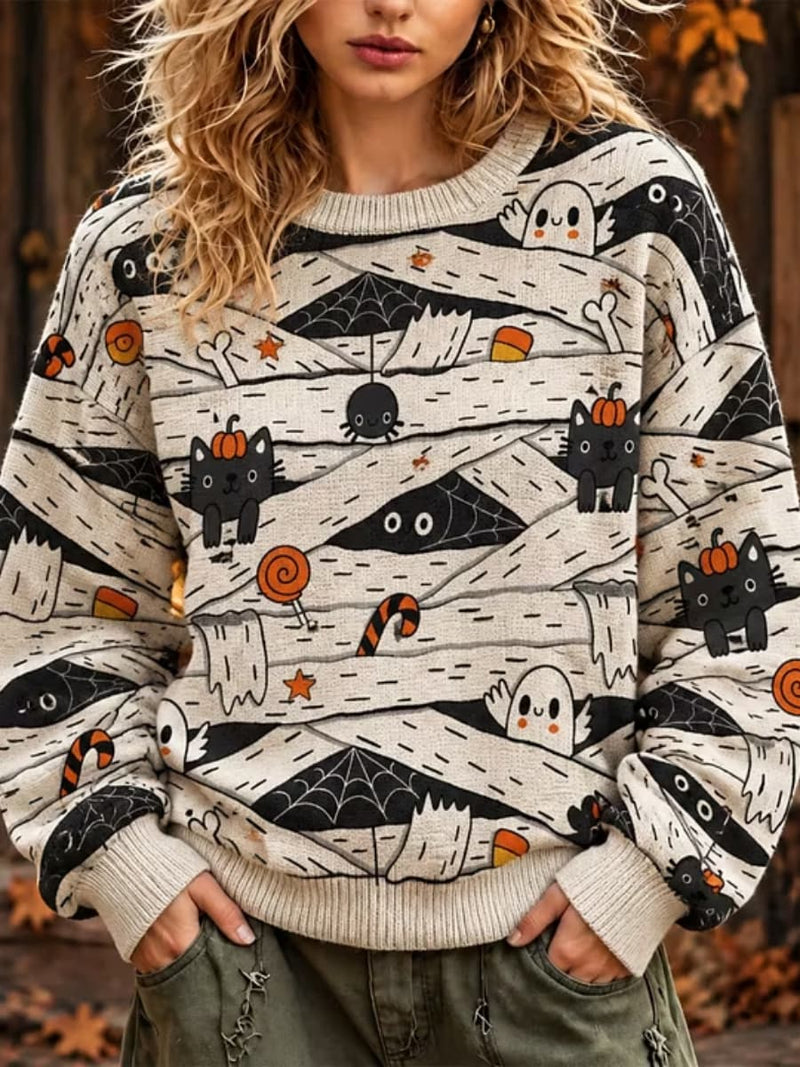 Women's Halloween Multi Mummy Ghost Cat Print Round Neck Long Sleeve Sweater