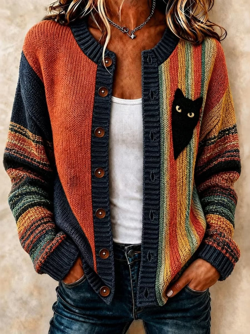 Women's Multi Striped Color Block Black Cat Print Round Neck Long Sleeve Cardigan