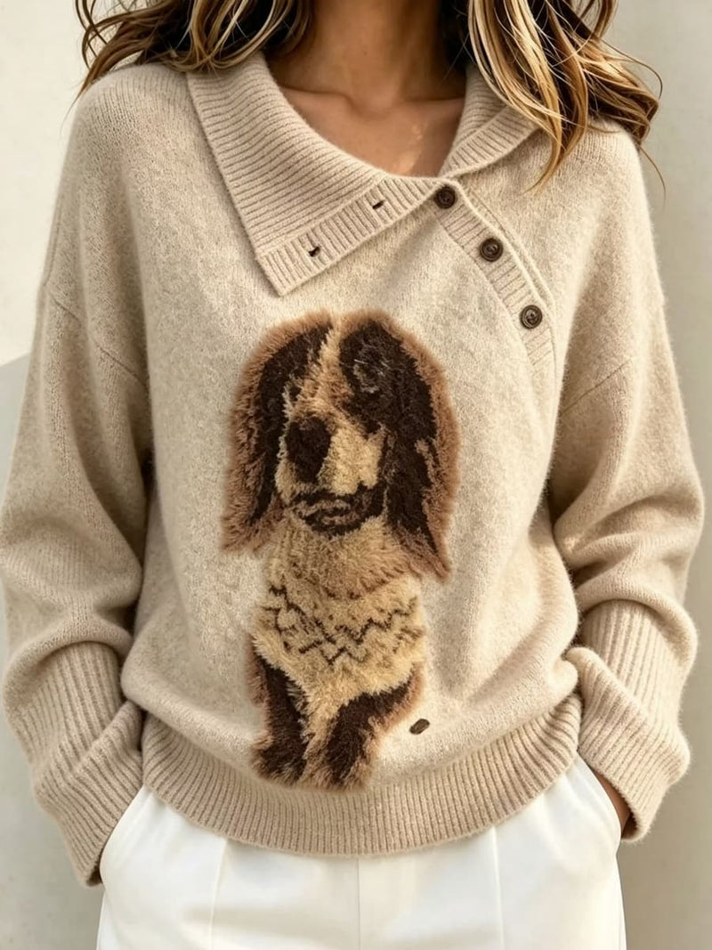 Women's Beige Dog Print Collared Long Sleeve Sweater