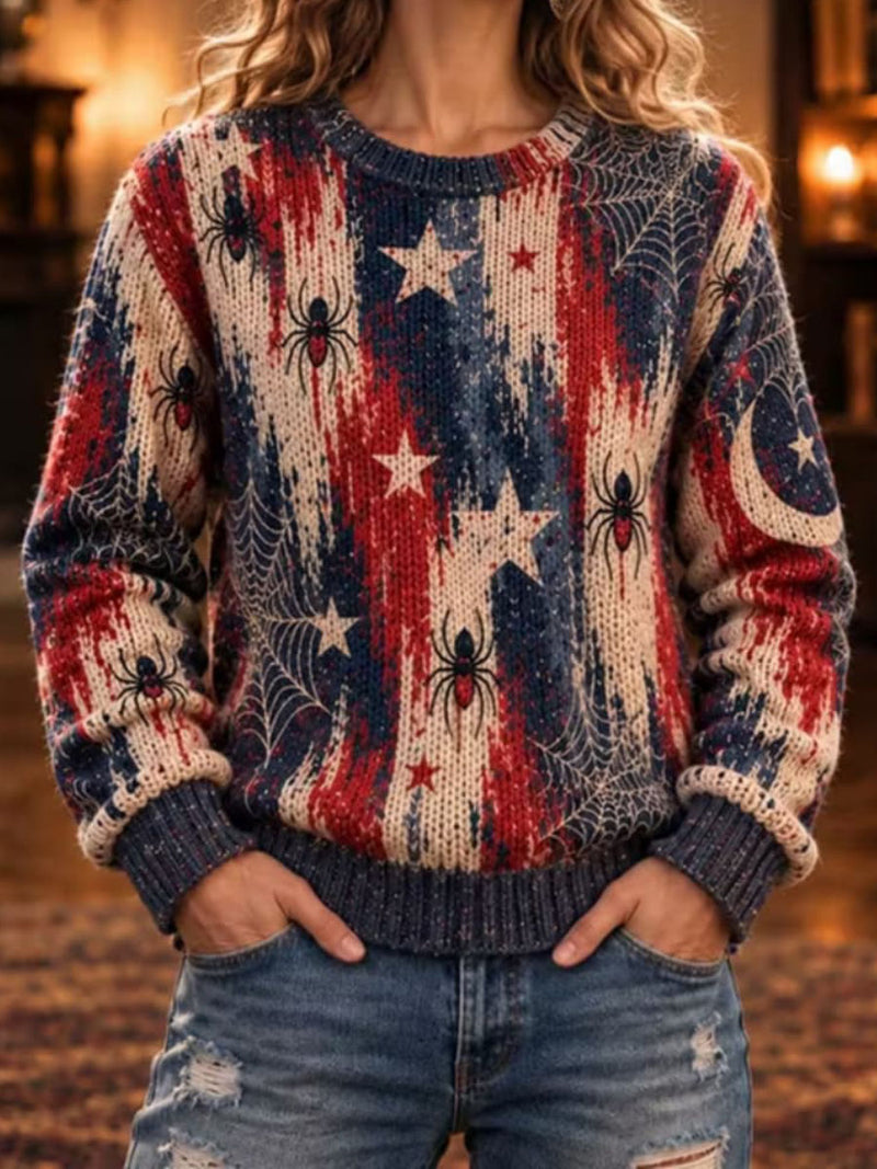 Women's Halloween Multi Star Spider Web Print Round Neck Long Sleeve Sweater