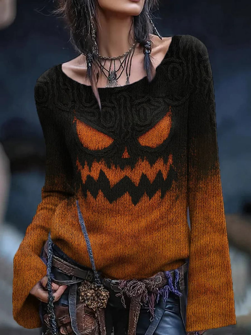 Women's Halloween Multi Pumpkin Face Gradient Print Round Neck Long Sleeve Sweater