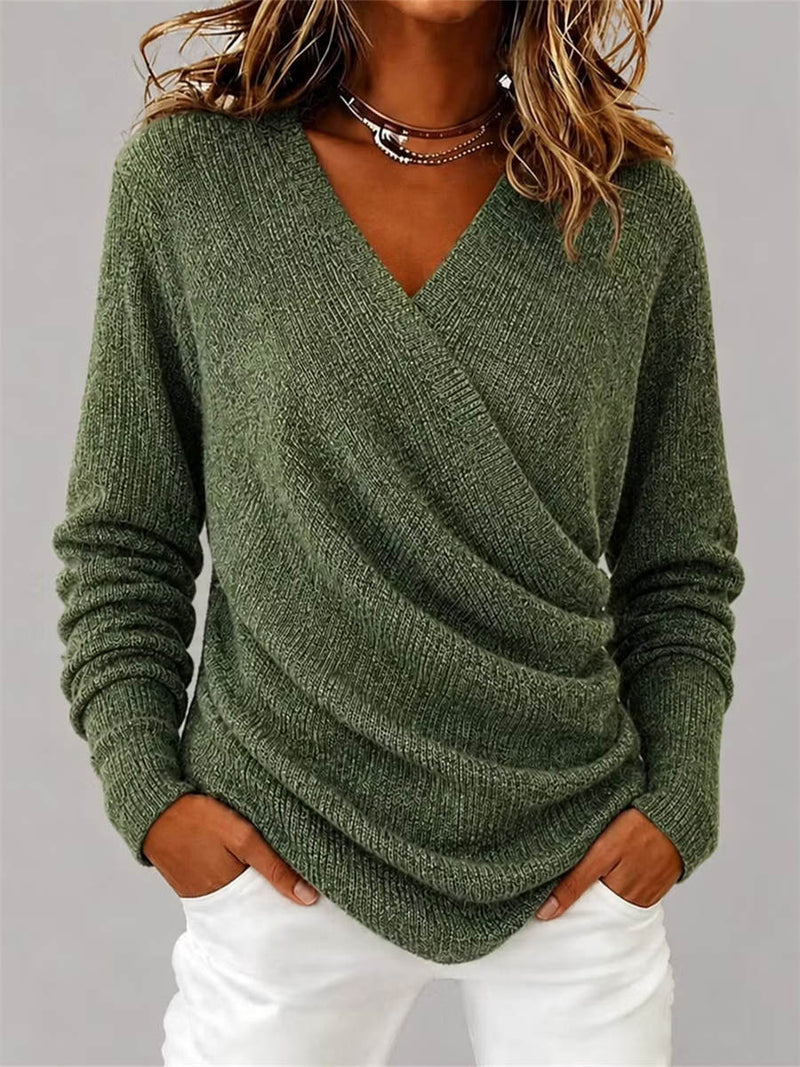 Women's Olive Solid V Neck Long Sleeve Sweater