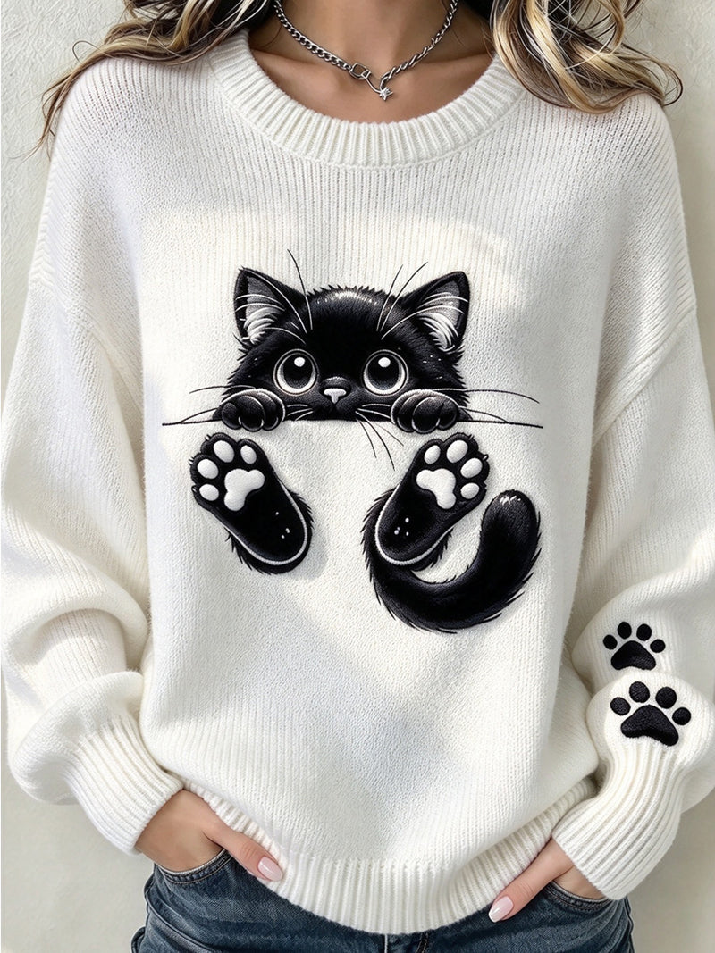 Women's White Black Cat Paw Print Round Neck Long Sleeve Sweater