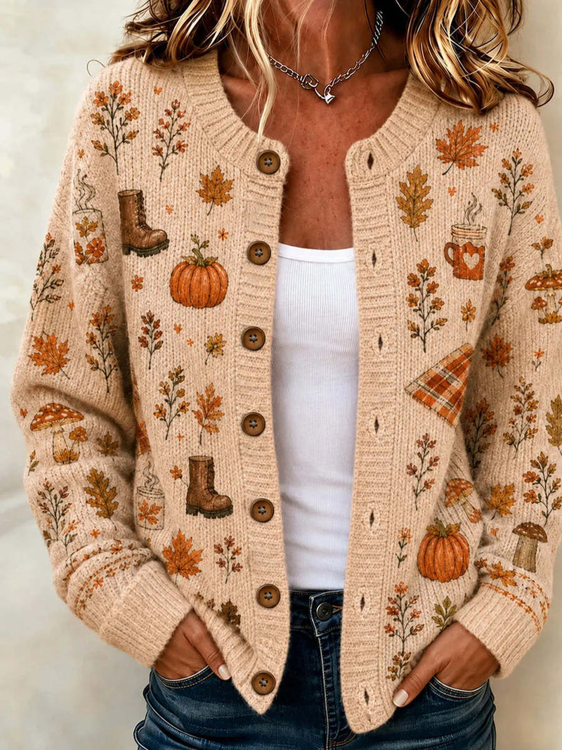 Women's Thanksgiving Multi Autumn Maple Leaf Pumpkin Mushroom Round Neck Long Sleeve Cardigan
