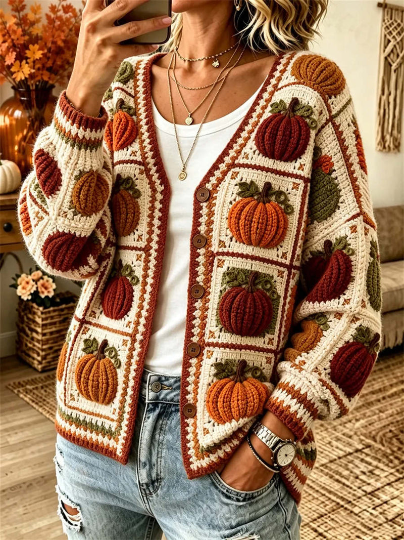 Women's Thanksgiving Multi Pumpkin V Neck Long Sleeve Cardigan