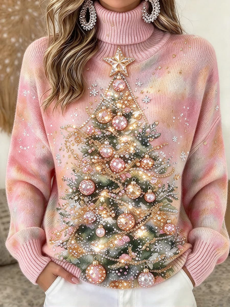 Women's Christmas Watercolor Tree Print Turtleneck Long Sleeve Sweater