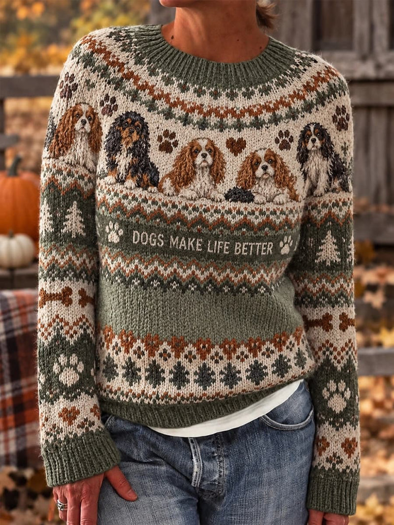Women's Multi Green Dog Fair Isle Print Round Neck Long Sleeve Sweater