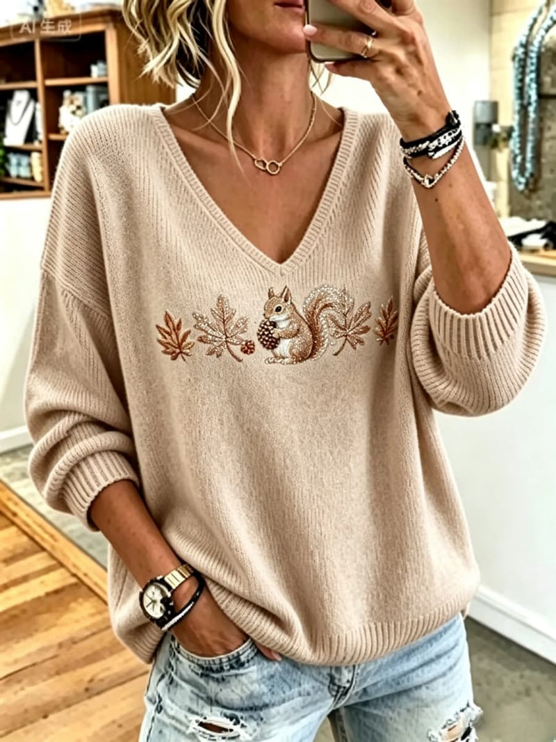 Women's Apricot Squirrel Maple Leaf Print V Neck Long Sleeve Sweater