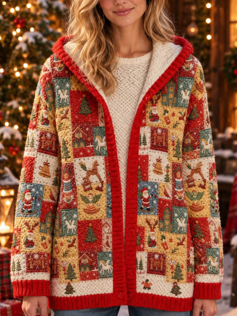 Women's Christmas Multi Christmas Patchwork Print Hooded Long Sleeve Cardigan
