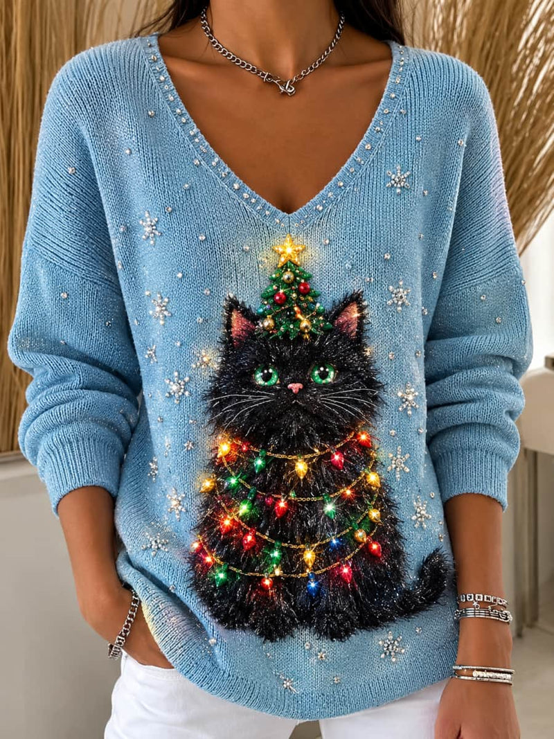 Women's Christmas Light Blue Black Cat Christmas Tree Print V Neck Long Sleeve Sweater