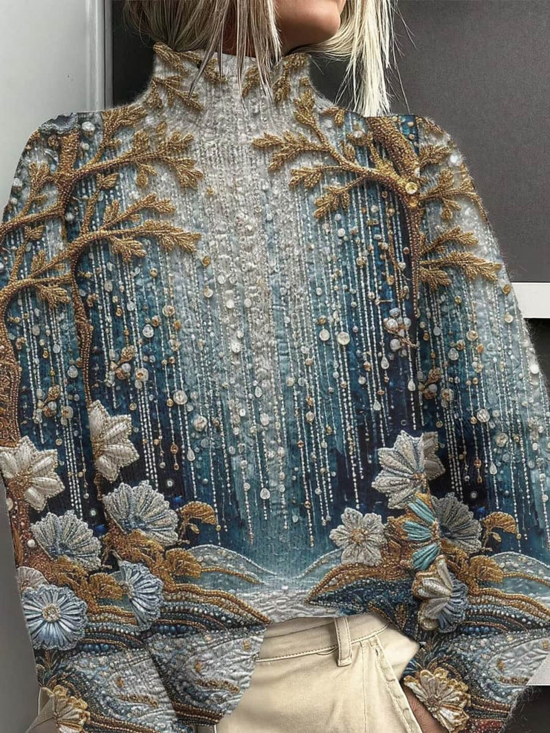 Women's Christmas Multi Golden Tree Floral Print High Neck Long Sleeve Sweater