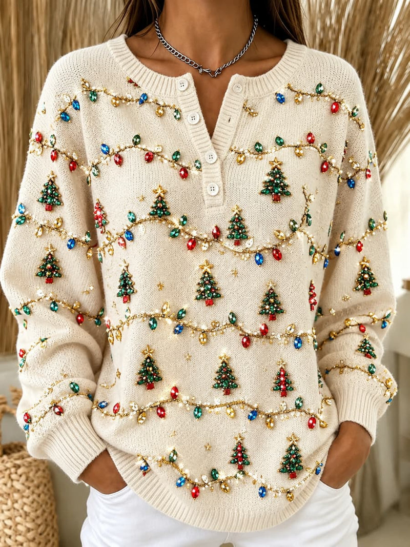 Women's Christmas Cream Christmas Tree Light Print Henley Long Sleeve Sweater