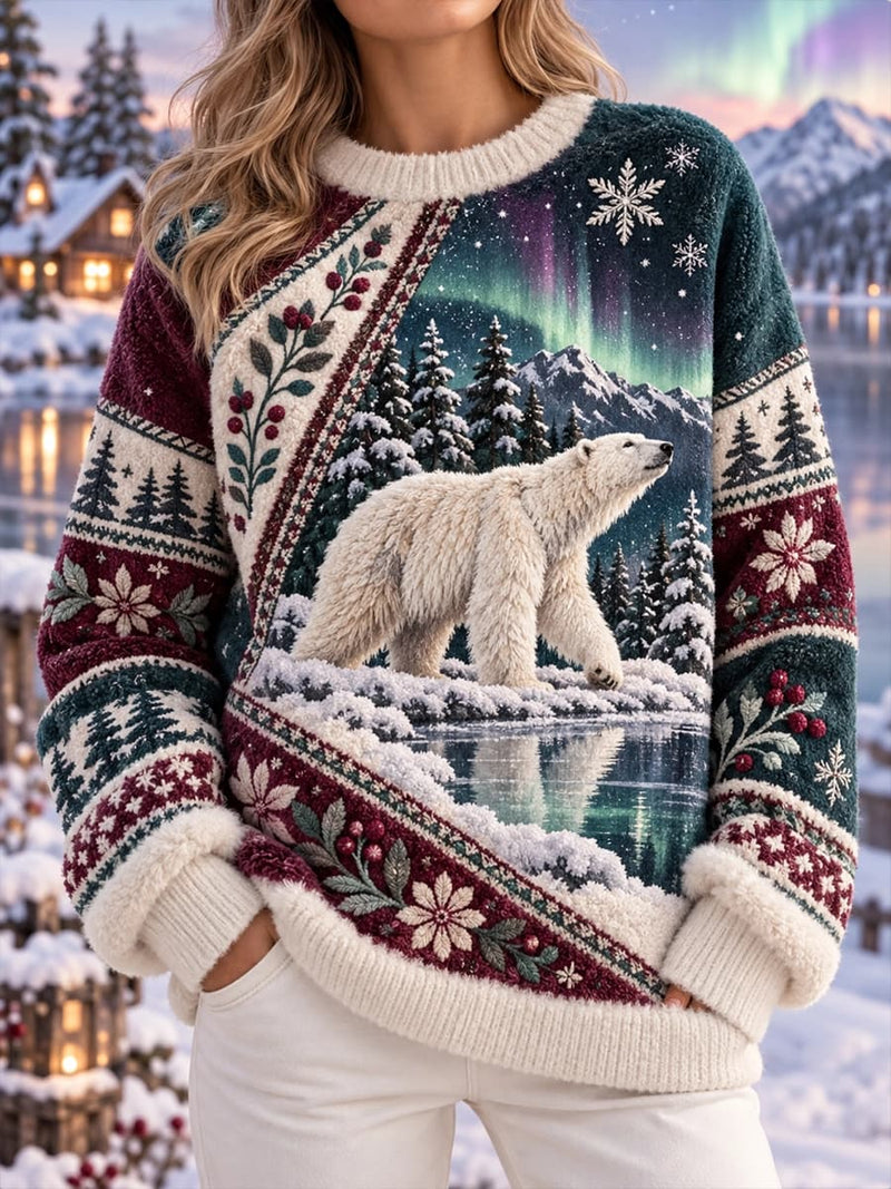 Women's Christmas Multi Polar Bear Aurora Mountain Print Crew Neck Long Sleeve Sweater