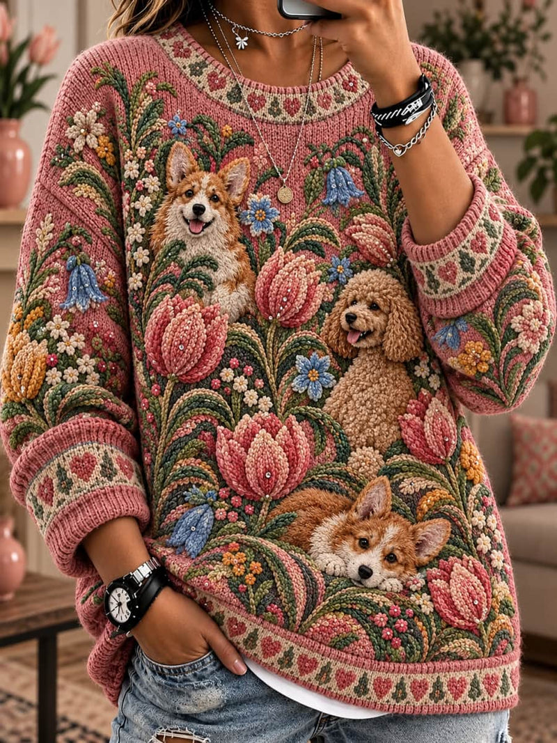 Women's Pink Corgi Poodle Floral Print Crew Neck Long Sleeve Sweater