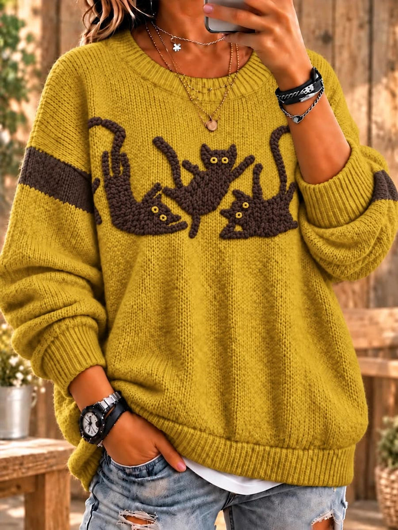 Women's Mustard Black Cat Print Crew Neck Long Sleeve Sweater