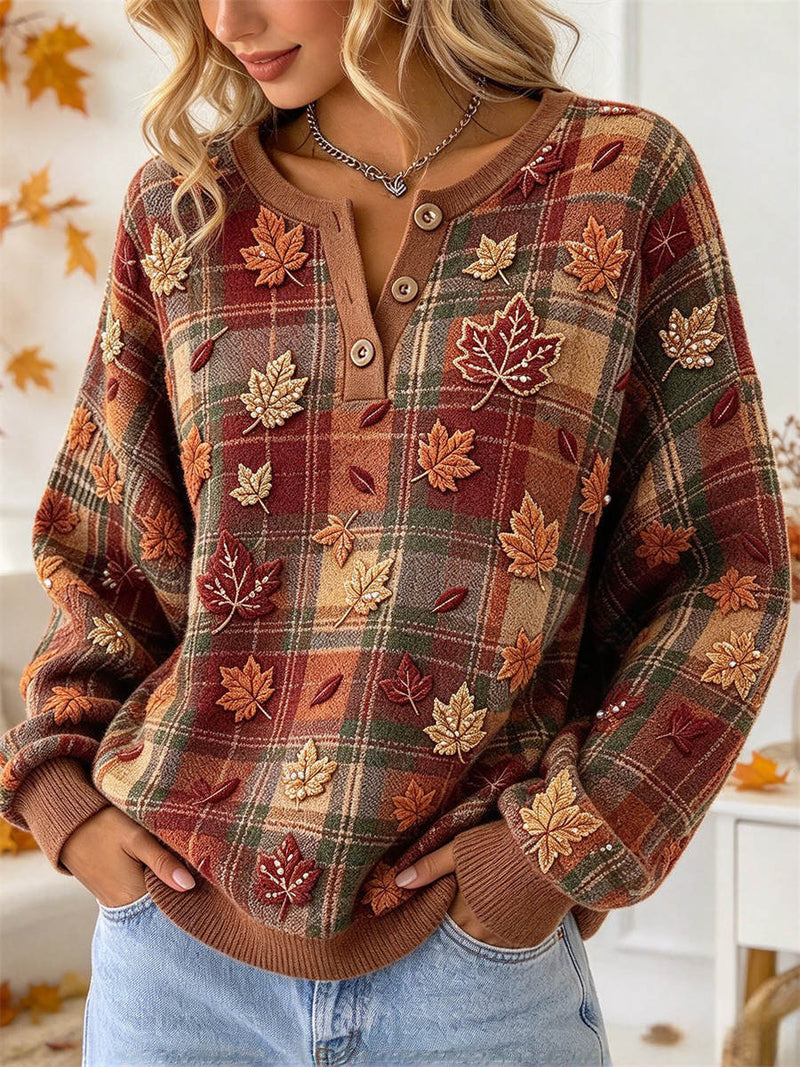 Women's Thanksgiving Multi Plaid Maple Leaf Print Henley Long Sleeves Sweater