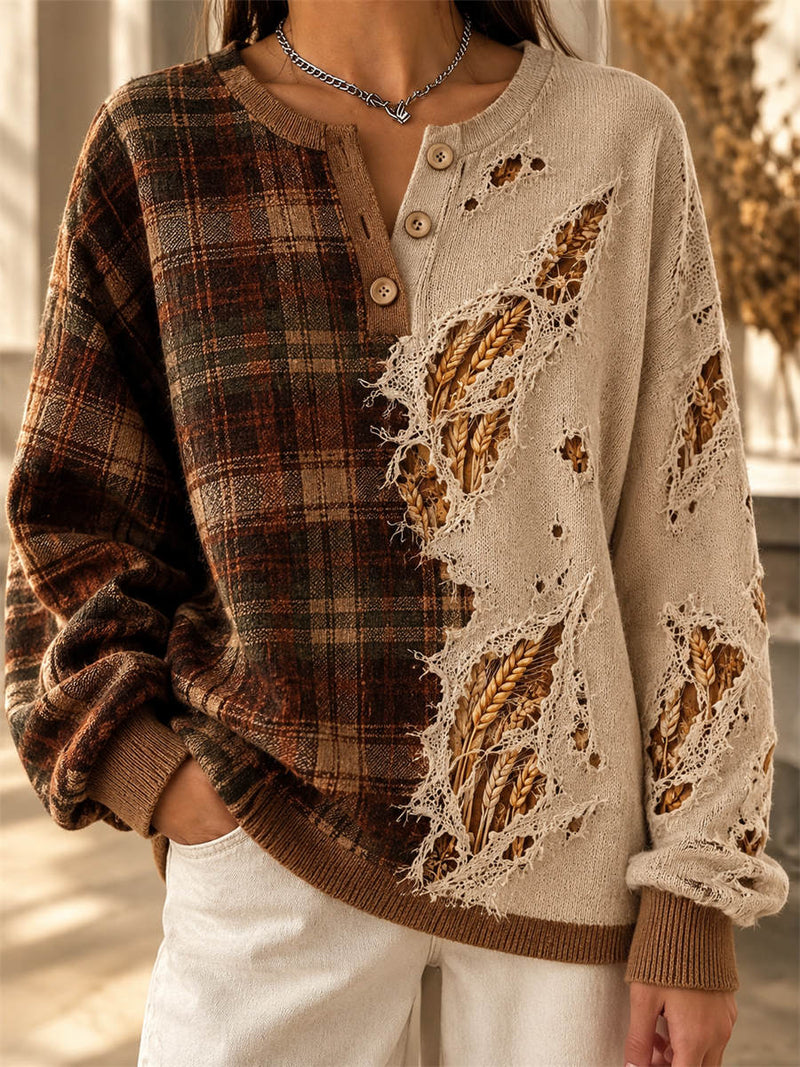 Women's Thanksgiving Multi Plaid Wheat Print Henley Long Sleeves Sweater