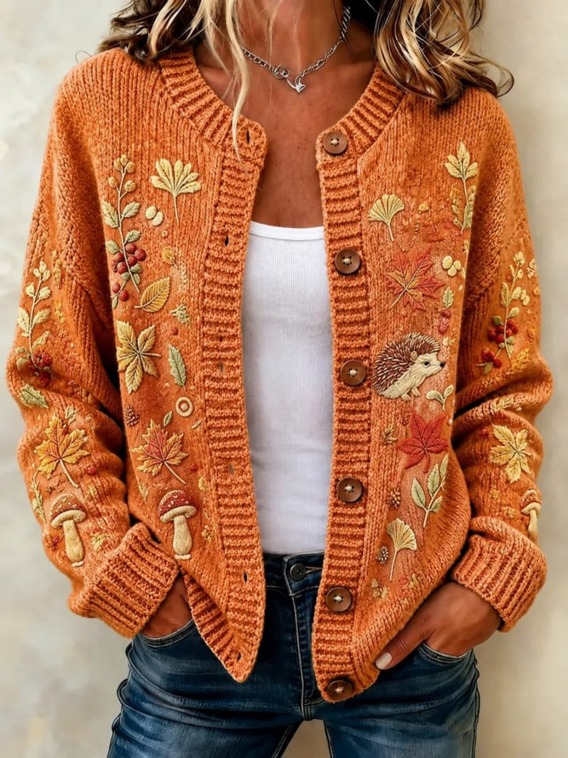 Women's Thanksgiving Orange Maple Leaf Hedgehog Mushroom Print Round Neck Long Sleeve Cardigan