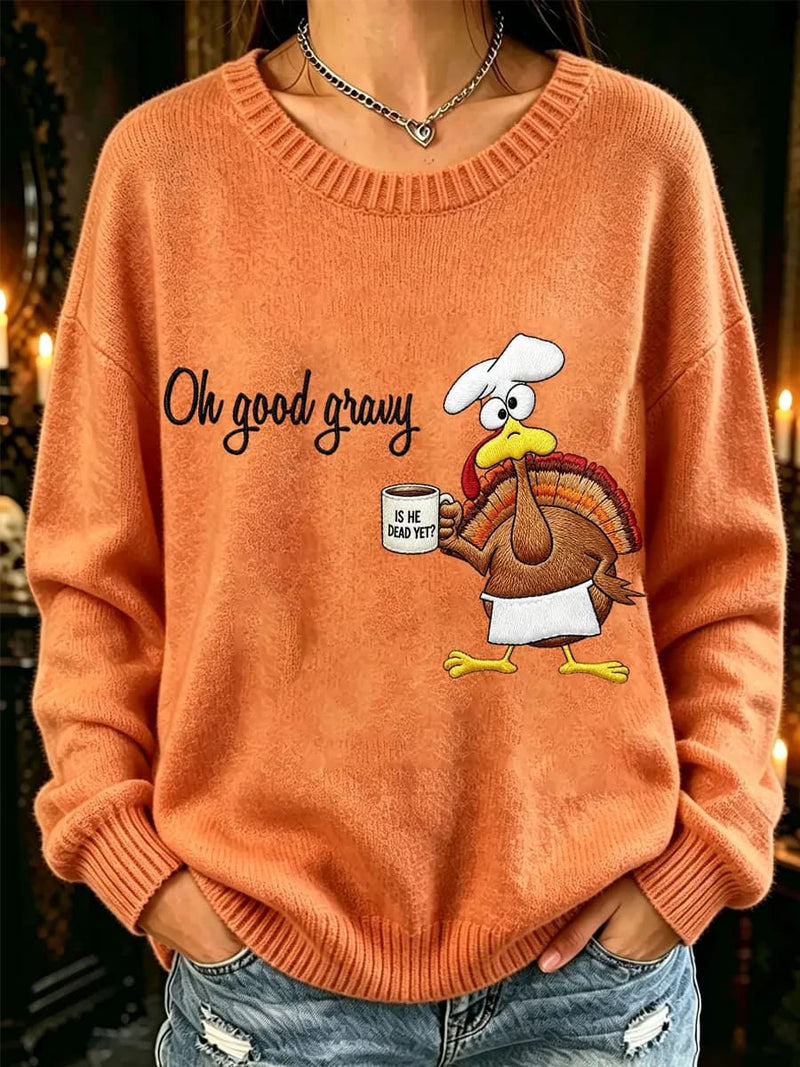Women's Thanksgiving Orange Cartoon Turkey Letter Print Round Neck Long Sleeve Sweater