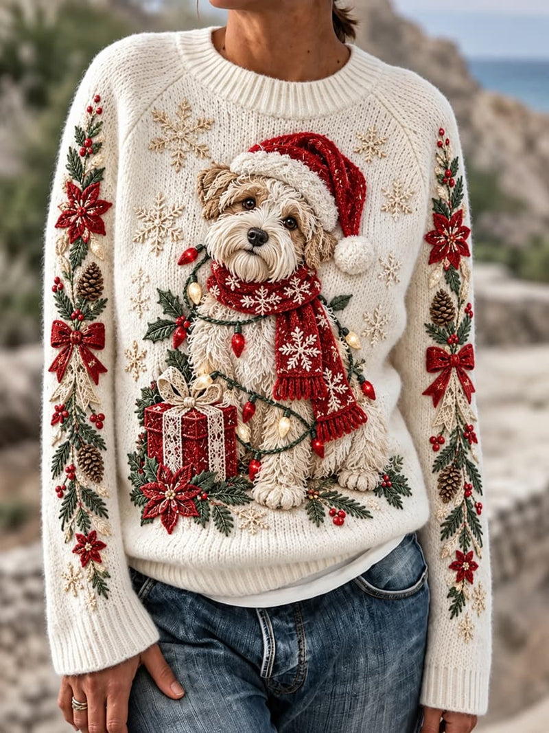 Women's Christmas Off White Cartoon Dog Gift Poinsettia Print Round Neck Long Sleeve Sweater