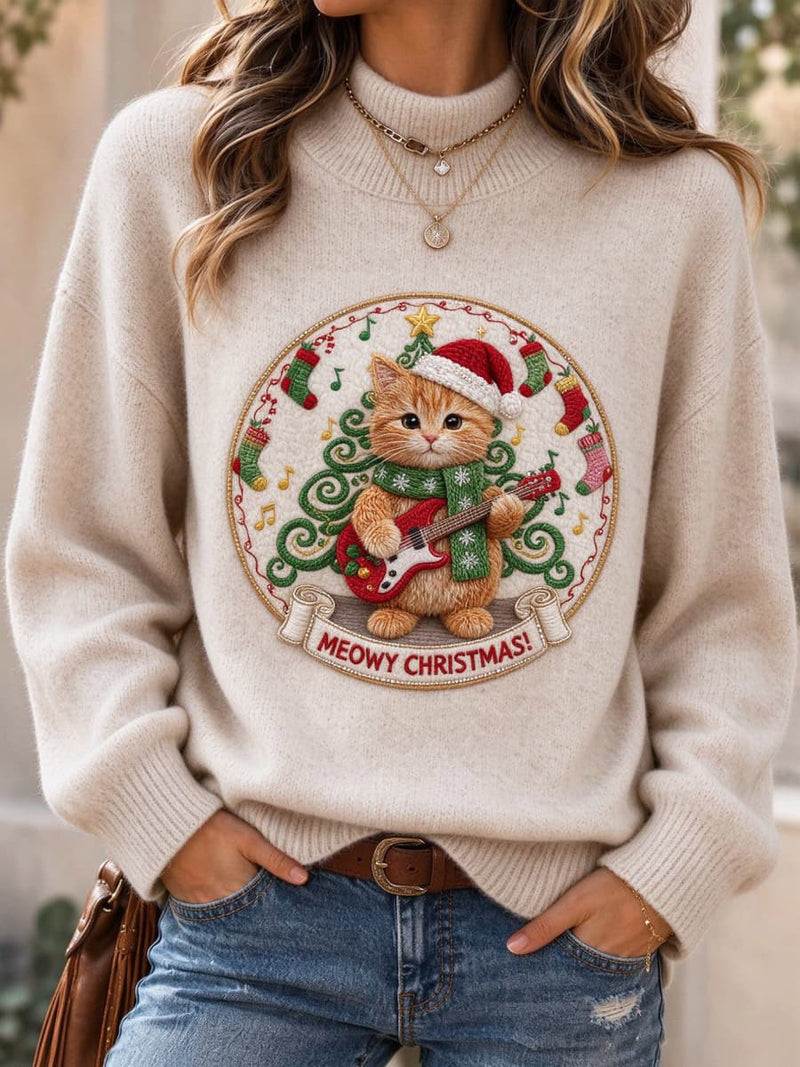 Women's Christmas Oat Cartoon Cat Guitar Stocking Print High Neck Long Sleeve Sweater