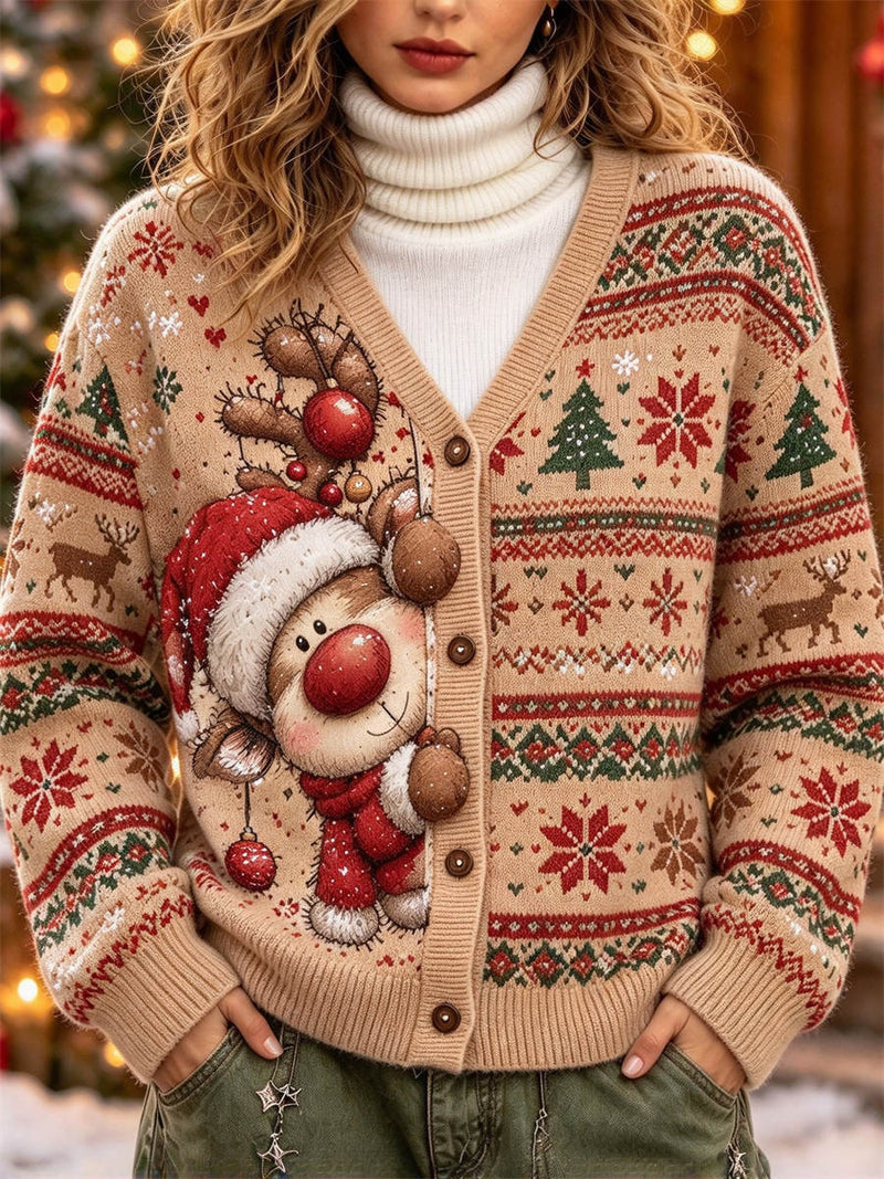 Women's Christmas Camel Elk Print V Neck Long Sleeve Cardigan