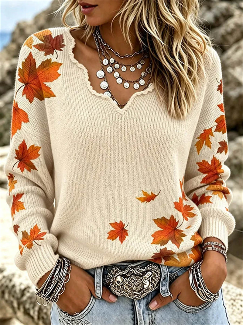 Women's Thanksgiving Beige Maple Leaf Print Wave Neck Long Sleeve Sweater