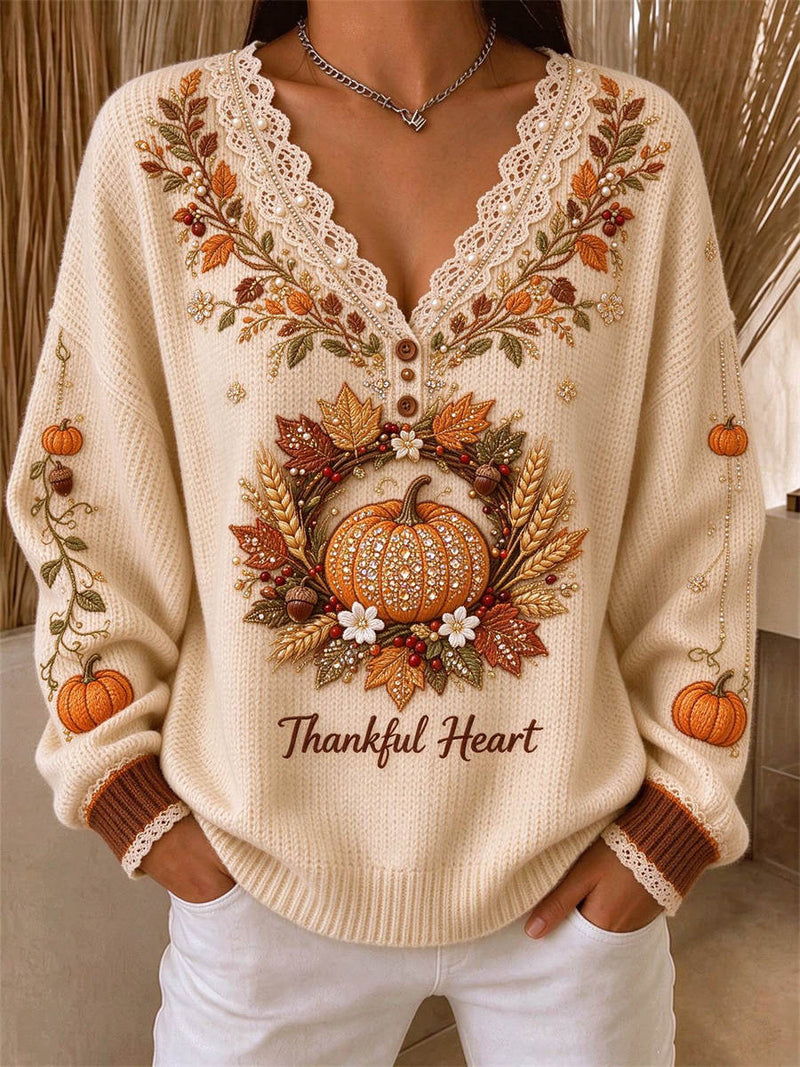 Women's Thanksgiving Beige Pumpkin Maple Leaf Print V Neck Long Sleeve Sweater
