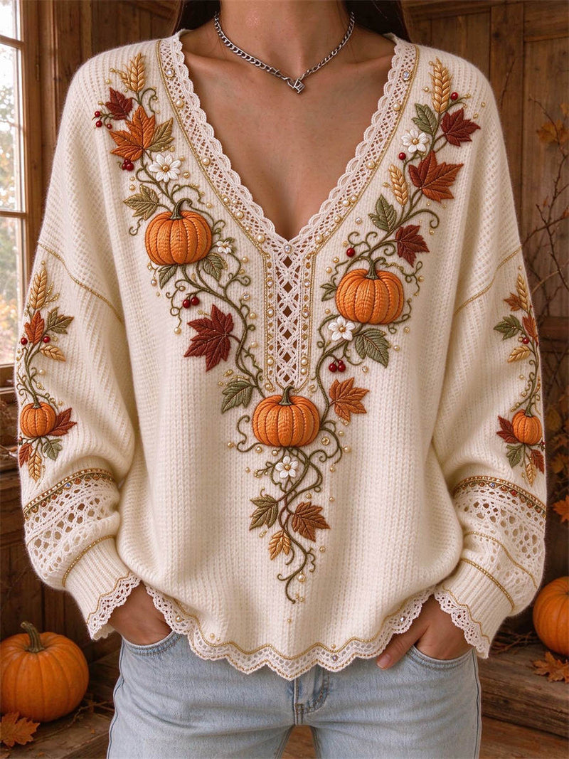 Women's Thanksgiving Cream Pumpkin Maple Leaf Print V Neck Long Sleeve Sweater