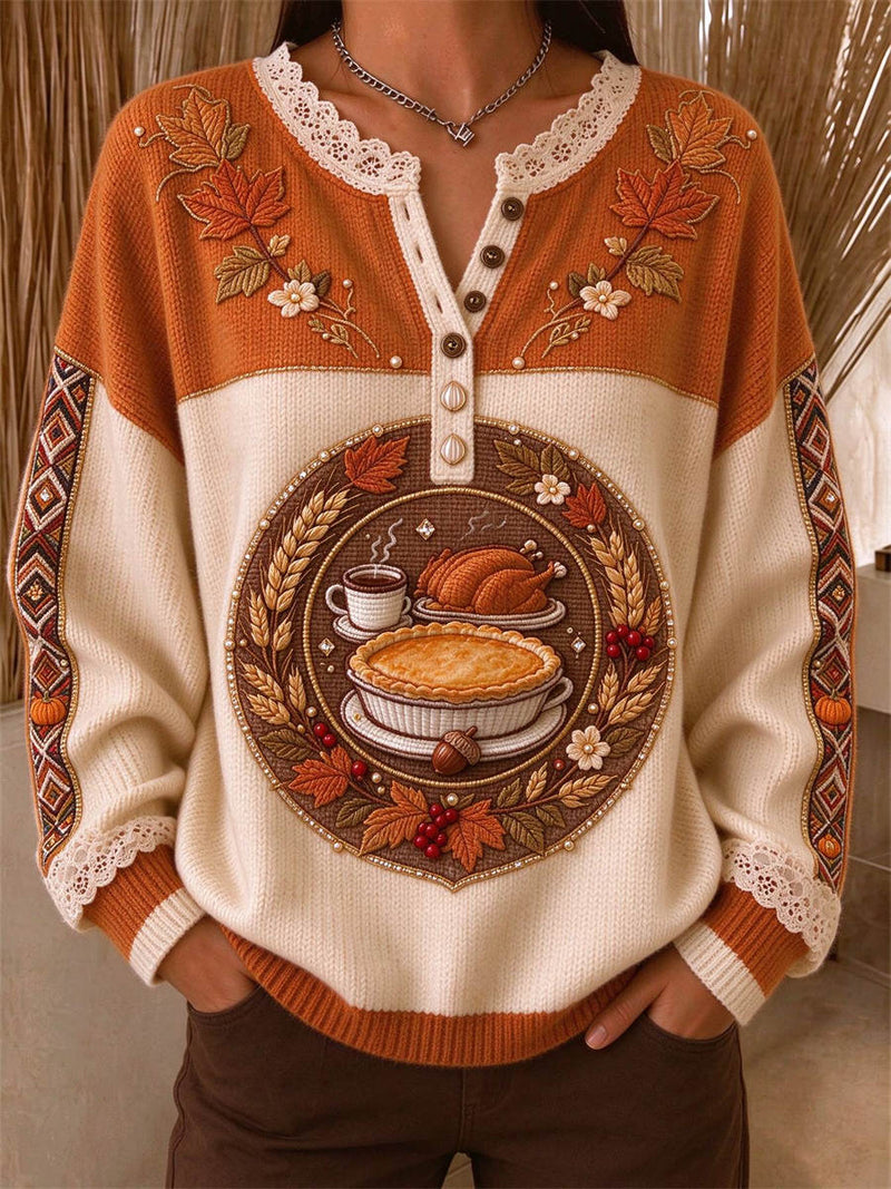 Women's Thanksgiving Orange Cream Turkey Pie Print Henley Long Sleeve Sweater