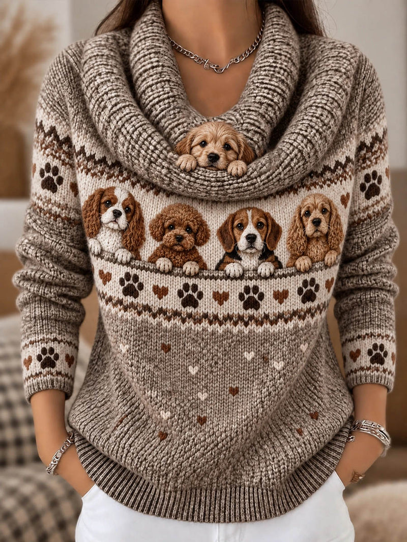 Women's Brown Mix Dog Paw Print Cowl Neck Long Sleeve Sweater