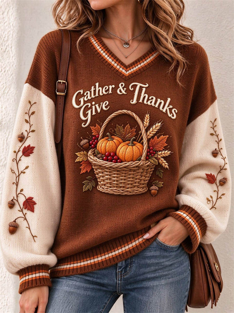 Women's Thanksgiving Brown Print V Neck Long Sleeve Sweater