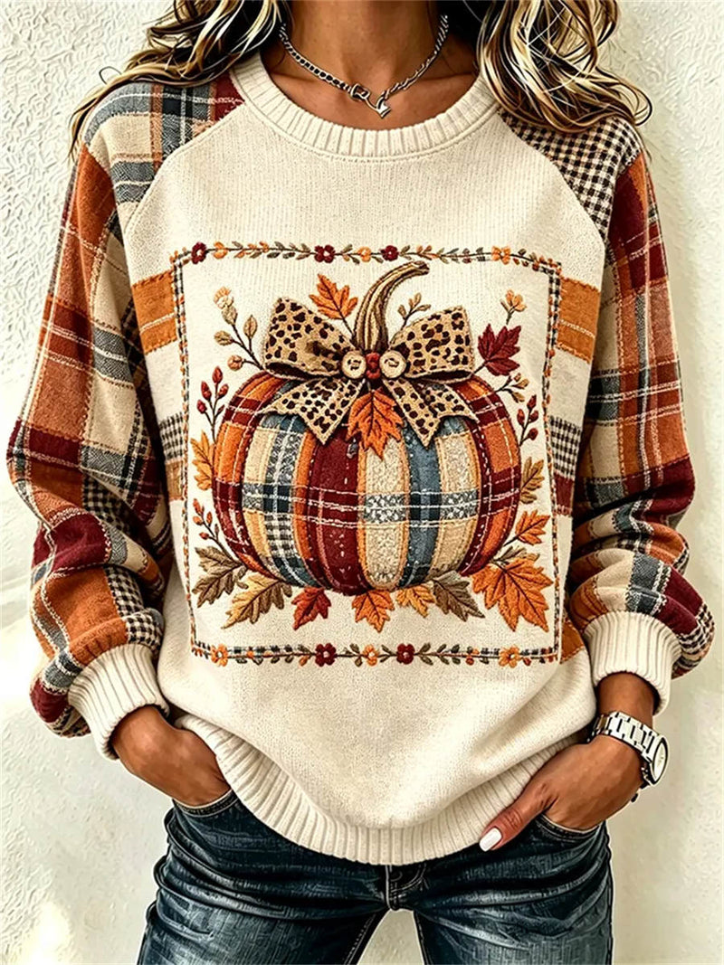 Women's Thanksgiving Multi Print Round Neck Long Sleeve Sweater