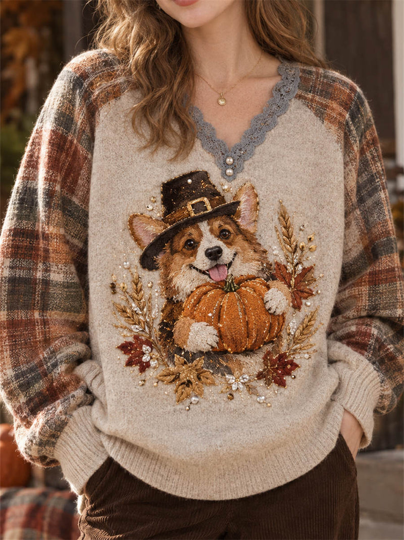 Women's Thanksgiving Multi Corgi Dog Print V Neck Long Sleeve Sweater