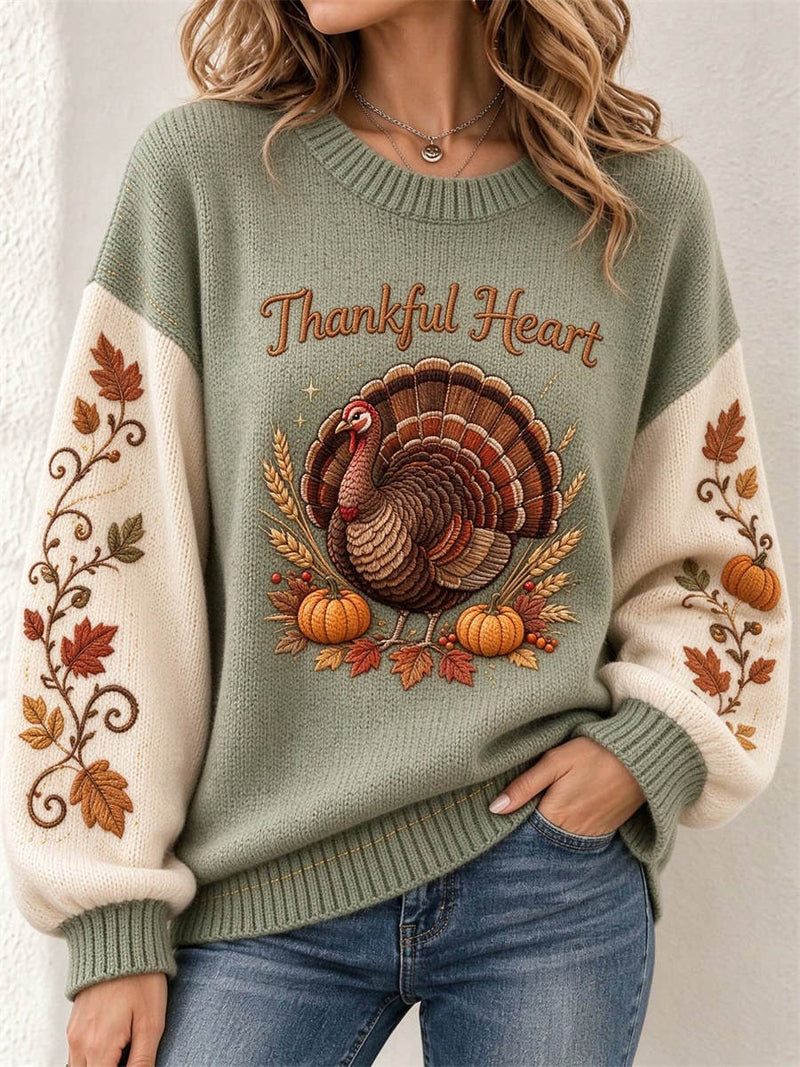Women's Thanksgiving Sage Green Color Block Print Round Neck Long Sleeve Sweater
