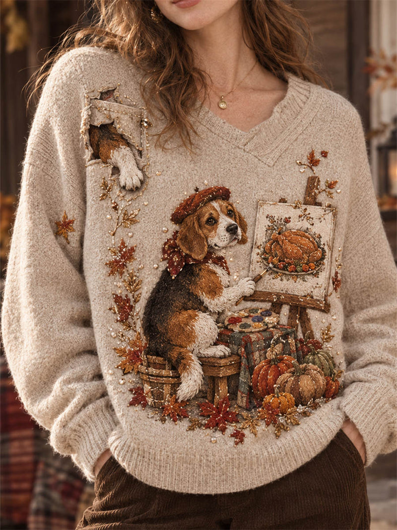 Women's Thanksgiving Oat Beagle Dog Print V Neck Long Sleeve Sweater