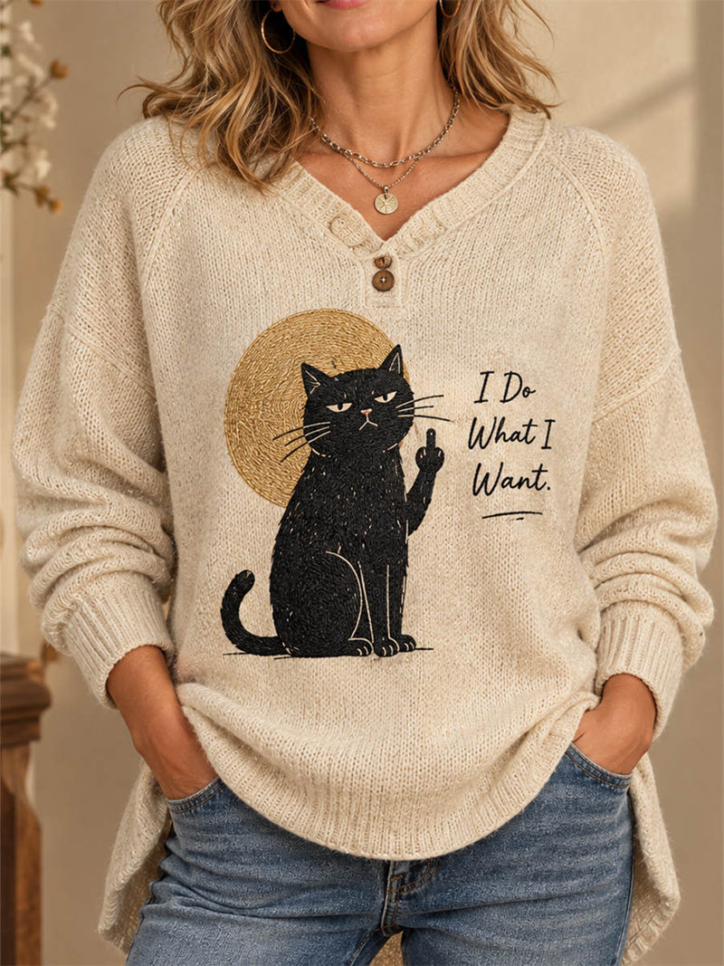 Women's Oat Black Cat Print V Neck Long Sleeve Sweater