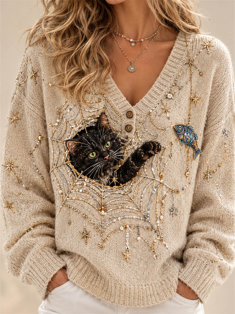 Women's Oat Breakthrough Black Cat Print V Neck Long Sleeve Sweater