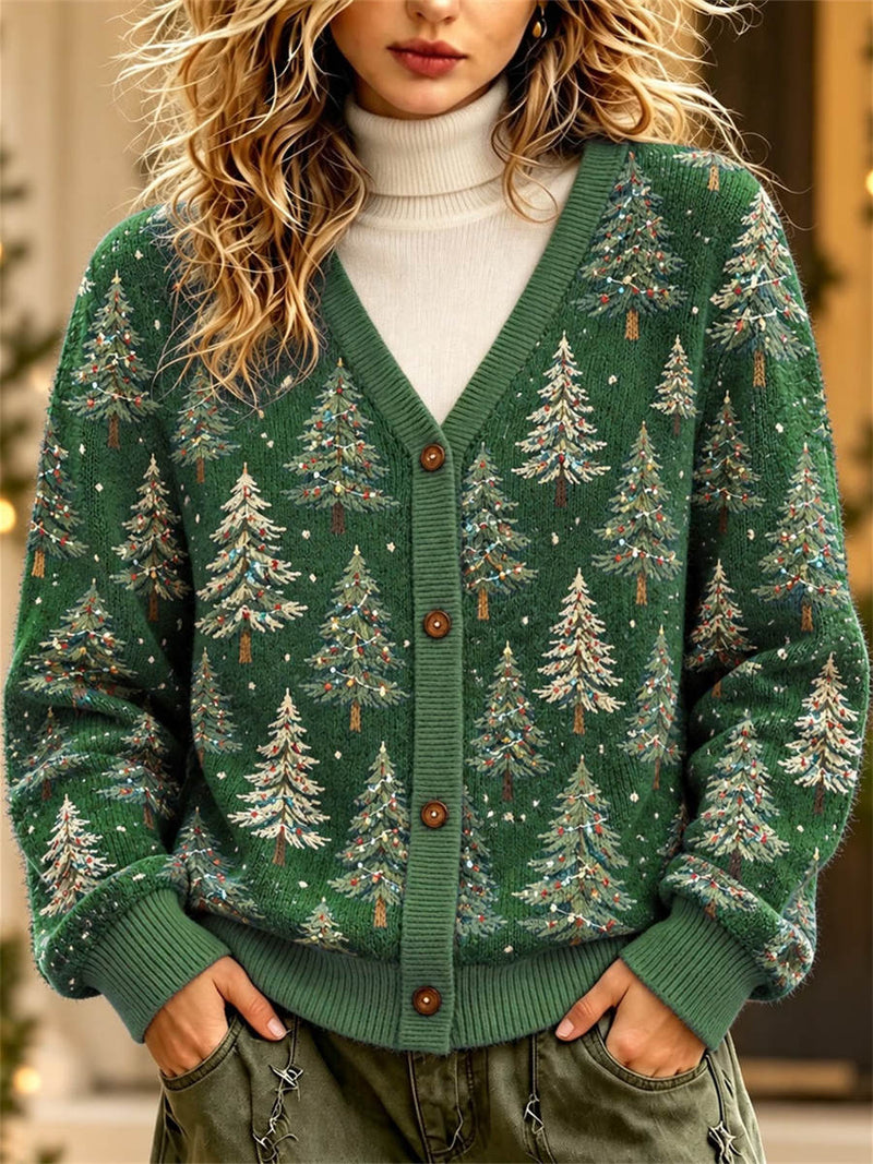 Women's Christmas Green Christmas Tree Print V Neck Long Sleeve Cardigan