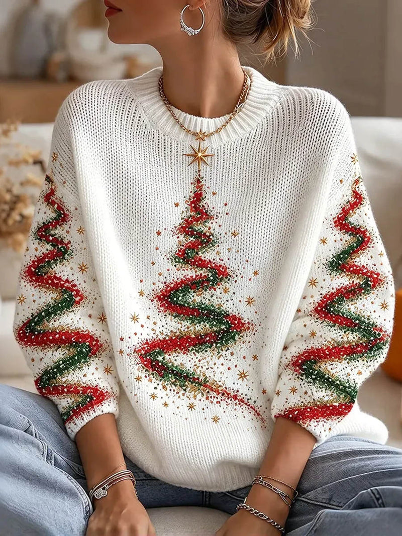 Women's Christmas White Christmas Tree Print Round Neck Long Sleeve Sweater