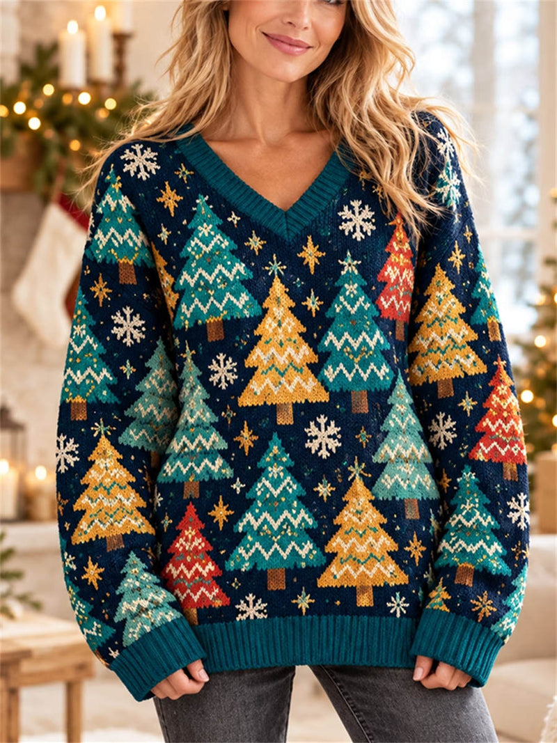Women's Christmas Navy Christmas Tree Snowflake Print V Neck Long Sleeve Sweater