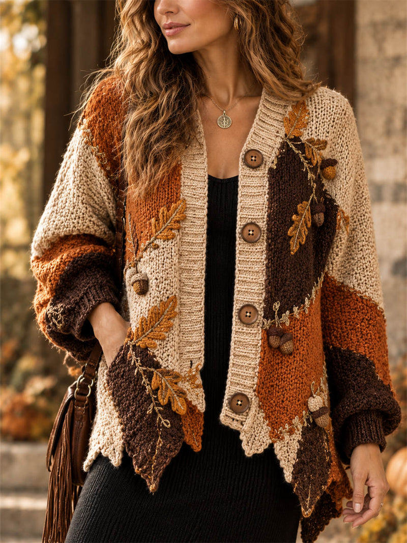 Women's Thanksgiving Multi Oak Leaf Acorn Print V Neck Long Sleeve Cardigan