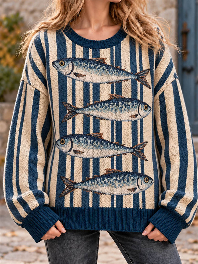 Women's Navy Beige Stripe Fish Print Round Neck Long Sleeve Sweater